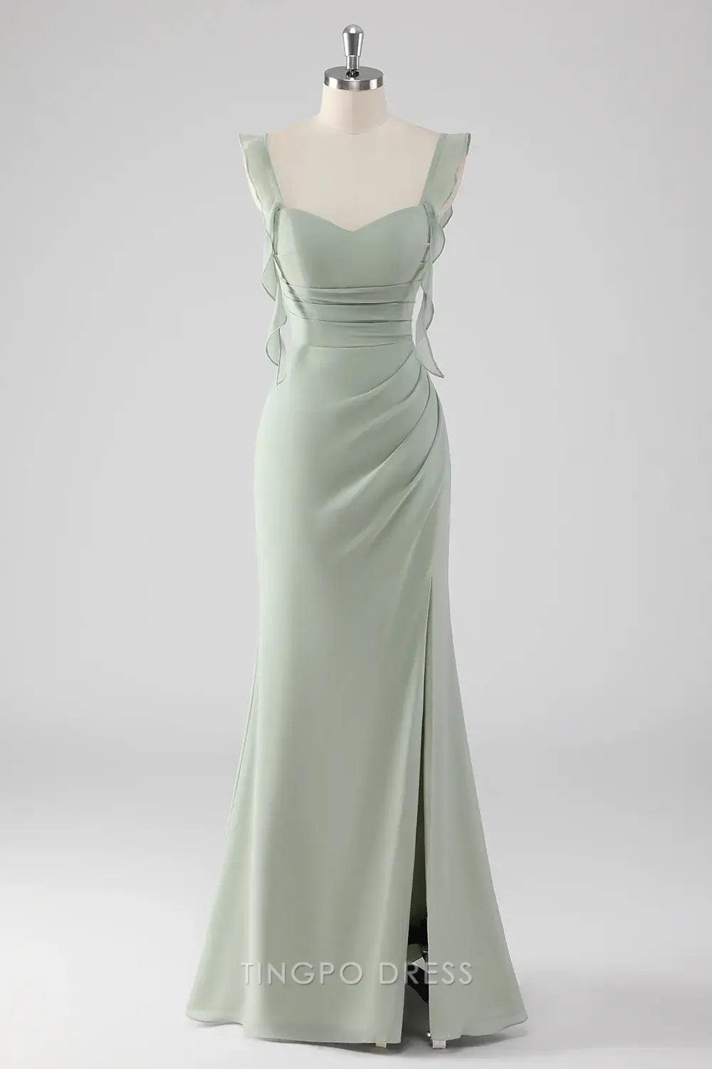 Elegant Sweetheart Neck Ruffle Strap Side Slit Mermaid Maxi Dress with Criss - Cross Back Prom Dress